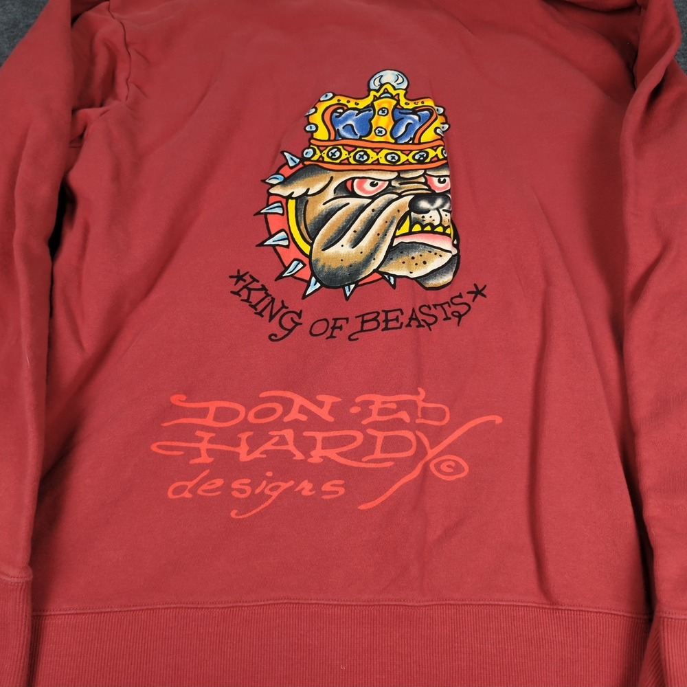 Ed Hardy Hoodie Mens 2XL Red Full Zip Sweatshirt King of Beasts Bulldog